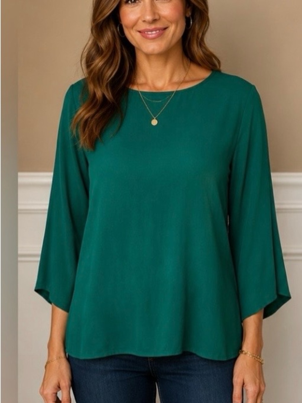 SAM & LAVI Los Angeles Emerald Green Flowy Bell Sleeve Blouse Top XS